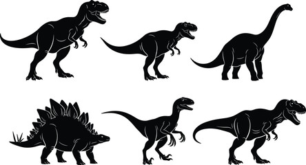 Set of dinosaur vector illustrations, tyrannosaurus rex and stegosaurus silhouettes, prehistoric animal icons, ancient reptile collection, black jurassic monster shapes isolated. © Sagar Creative