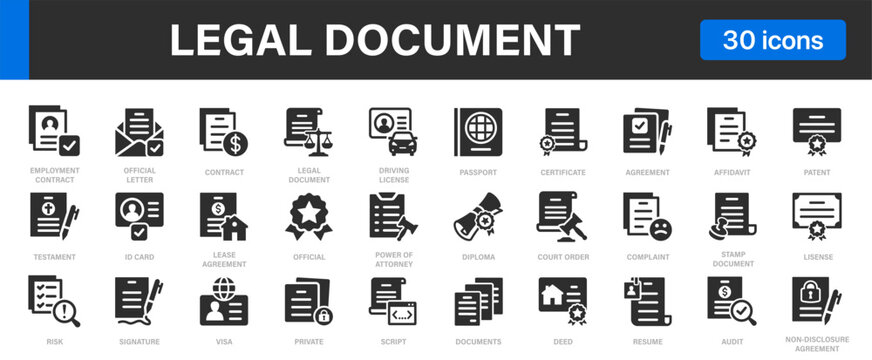 Legal document icons set. Contracts, Certificates, Agreements, Licenses, Official Papers and others.
