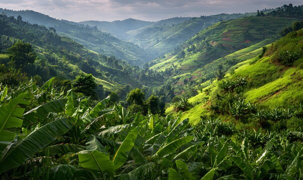 Lush verdant hill of Uganda where sunlight filter through green valley steaming Matoke swathed banana leaf present itself edible masterpiece harmonious fusion of simplicity savory depth clean