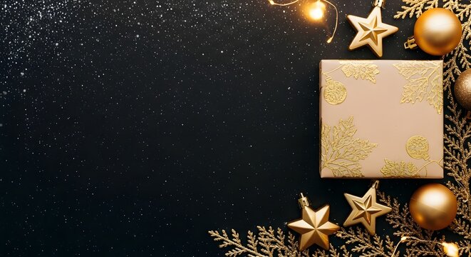 Holiday season greeting card with golden stars and ornaments