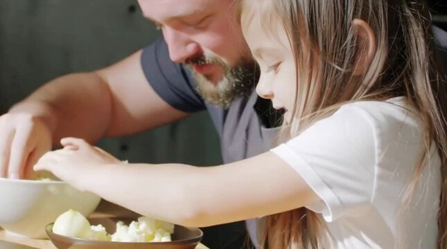 Father Teaching Daughter to Cook Together at Home