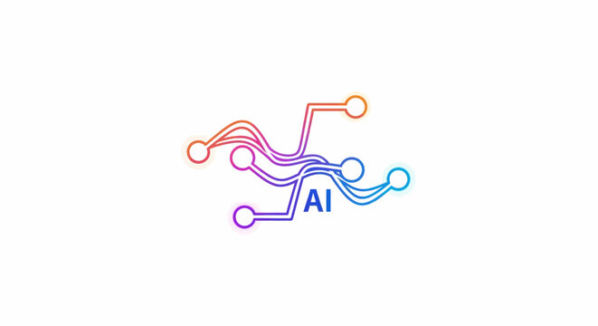 Gradient colored lines and nodes forming a network with AI text symbolizing artificial