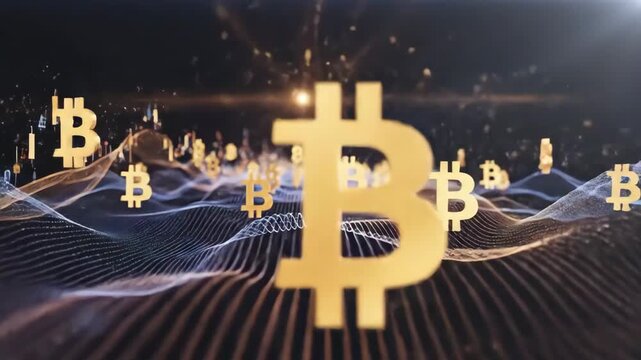 Bitcoin symbols floating above a futuristic digital landscape with cryptocurrency logos and abstract technology illustrations in a dynamic 3D environment