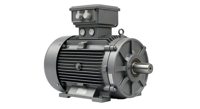 Industrial electric motor with cooling fins and terminal box, gray metal housing isolated on transparent background