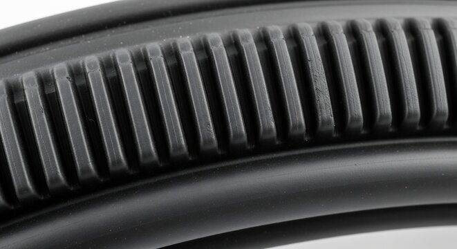 Closeup view of a black rubber part with parallel grooves and ridges.