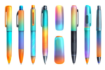 A collection of rainbow-colored pens and pencils with gradient finishes displayed against a black background on transparent background