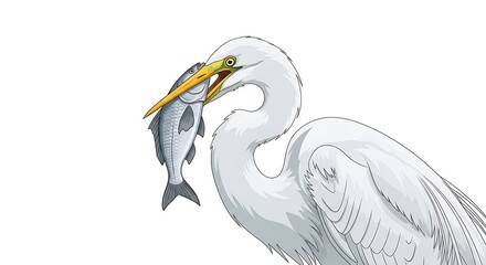 Fototapeta premium A majestic white egret gracefully holding a fish in its beak.