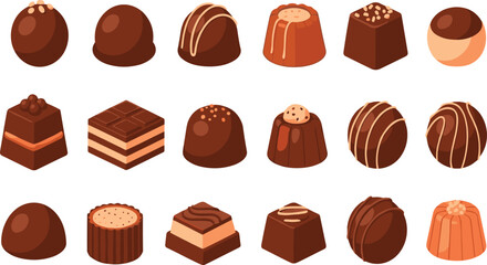 Fototapeta premium Assorted Chocolate Candy Vector Illustration Set with Praline Truffles, Filled Confectionery Sweets, and Gourmet Dessert Treats for Packaging and Branding Designs