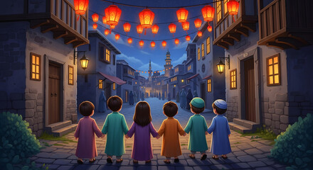 Obraz premium Children holding hands watching festive lanterns at night