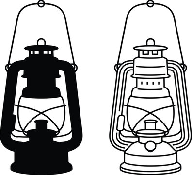 Old oil lamp black and white vector on white background.