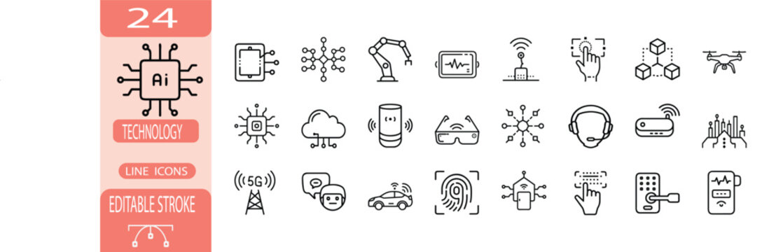 Artificial intelligence and future technology outline icon set, smart tech processor robot arm cloud network symbol, machine learning and automation vector illustration with editable stroke.