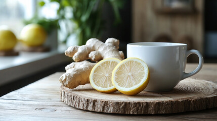 Ginger tea with lemon on wooden board beside fresh ginger roots Generative AI