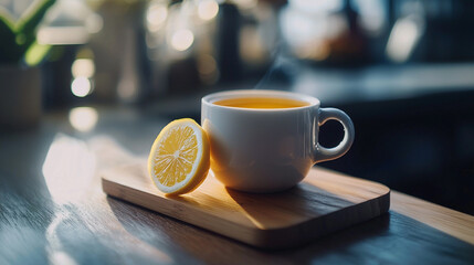 Ginger tea with lemon on wooden board during bright afternoon Generative AI