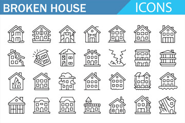 Broken building icon set for disaster recovery and safety design