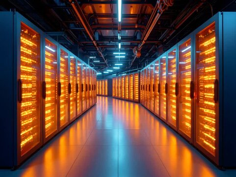 A long corridor inside a modern data center filled with illuminated server racks, representing cloud computing, big data storage, and digital infrastructure.