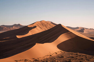Long shadows on dunes at sunset reveal the beauty of the desert landscape Generative AI
