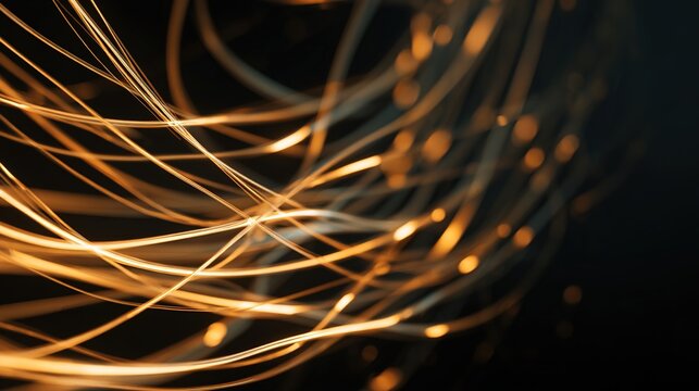 Golden Threads of Connectivity: A mesmerizing close-up of luminous golden fiber optic cables, symbolizing the intricate network of digital communication.