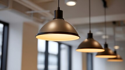 Obraz premium Modern industrial pendant lights hang in a row casting a warm glow in a contemporary office or co working space highlighting architectural design