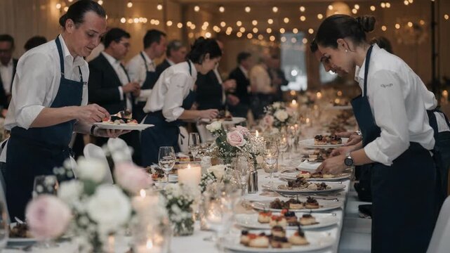 Medium shot of catering staff arranging plated desserts and hot dishes on a wedding banquet table with softly blurred centerpieces and guests mingling behind.