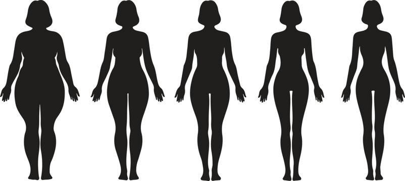 Female Body Shape Silhouette Set, Women Figure Types from Curvy to Slim, Flat Black Vector Illustration