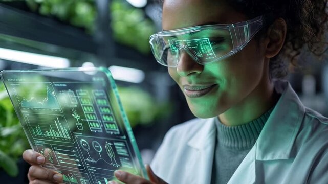 Close up portrait of a female scientist using a transparent digital tablet in a futuristic greenhouse.