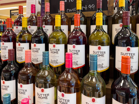 ATLANTA, GEORGIA - FEBRUARY 6, 2026 : Sutter Home wine bottles on display shelf at an American grocery store supermarket.