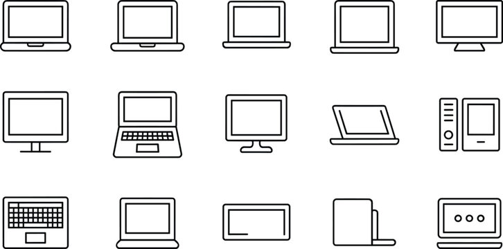 Set of outline icons representing laptops computers monitors and other computer hardware on transparent background