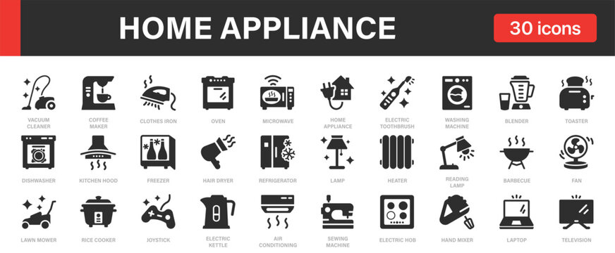 Home appliance icons set. Household Equipment, Kitchen Devices, Electric Appliances, Smart Home and others.