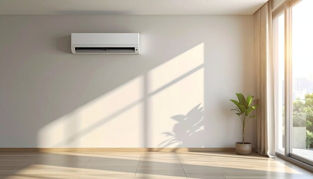 Clean modern cooling unit stays positioned near the ceiling during a bright sunny morning in a room