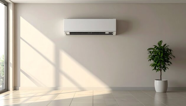 Minimalist split system appliance maintains a comfortable indoor temperature within a quiet contemporary living space interior