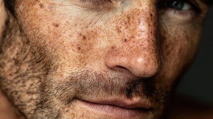 Obraz premium Close-up portrait of a mature man's face, emphasizing texture and natural aging, capturing a contemplative and weathered expression.