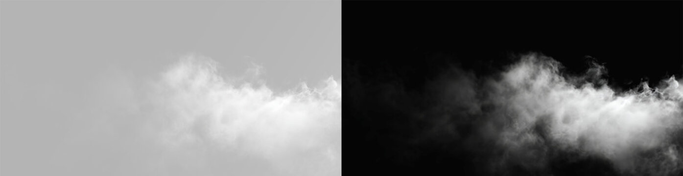 PNG fog texture isolated on transparent background. Border from smoke. Design element. White vector cloudiness The realistic 3D vector mockup shows a perspective view of white smog clouds