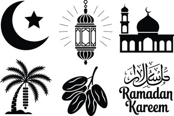 Obraz premium Islamic Ramadan Icon Set: Black Silhouette Vector Collection of Mosque, Lantern, Crescent Moon, Star, Palm Tree, and Dates for Religious Celebration