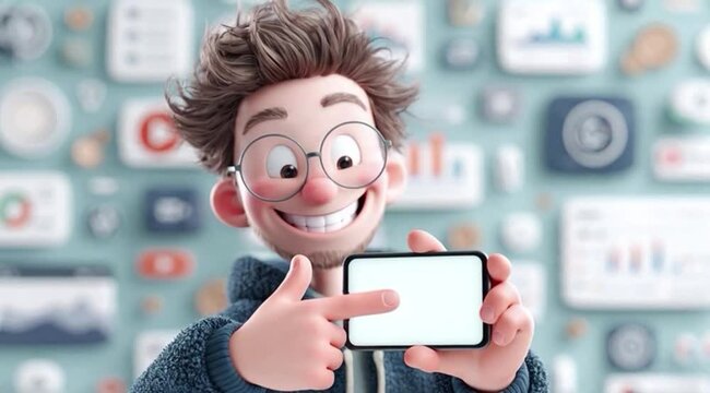 Ilustra&ccedil;&atilde;o de homem sorridente apontando para a tela branca do smartphone, conceito de propaganda, marketing digital, aplicativo m&oacute;vel e espa&ccedil;o para an&uacute;ncio