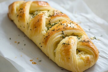 Savory puff pastry twist stuffed with cheese and herbs neatly served on a plate.