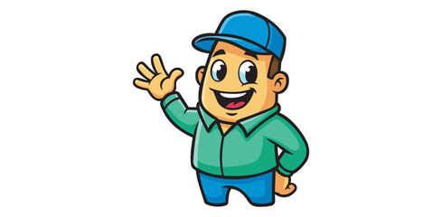 Happy cartoon man waving hello blue cap green shirt Friendly service character cheerful worker avatar welcome graphic