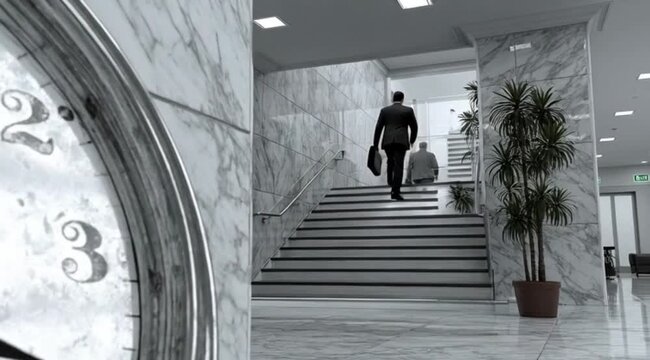 Homem de neg&oacute;cios subindo escada com rel&oacute;gio na parede ao fundo, conceito de gest&atilde;o do tempo, crescimento profissional, produtividade e sucesso corporativo