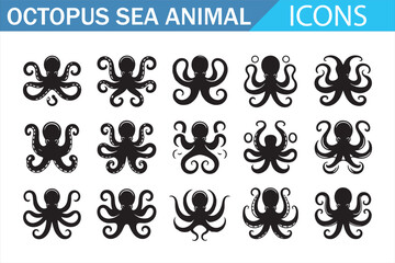 Ocean octopus animal icons in bold black vector style