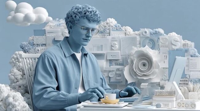 Ilustra&ccedil;&atilde;o 3D de homem trabalhando no computador em ambiente moderno, conceito de produtividade, tecnologia, home office e trabalho remoto
