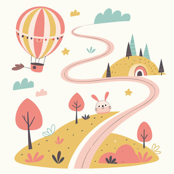 Clean vector illustration of a journey through dreamlike worlds, featuring geometric shapes and bright, optimistic colors, symbolizing imagination, creativity, and a positive future.