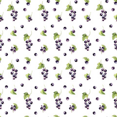 Obraz premium Watercolor seamless pattern with greenery black berries isolated on white. Summer print with fresh garden blackcurrant plants. Botanical repeat background for fabric, wallpaper, card, and food design.