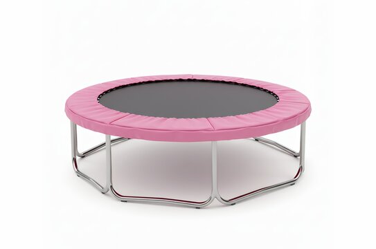 Premium pink exercise trampoline with wide safety skirt and sleek chrome frame isolated on white, high-quality rebounder for pilates studio and home fitness training