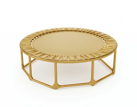 Luxury gold fitness trampoline with metallic safety padding and integrated frame isolated on white, high-end designer rebounder for exclusive home gym interiors