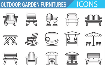 Minimal outdoor patio furniture icon set in clean line style