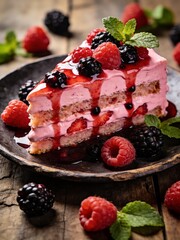 A slice of pink cake with blackberries and mint leaves on top