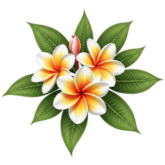 Fototapeta premium Beautiful white and yellow plumeria flowers with green leaves arrangement isolated on transparent background transparent background