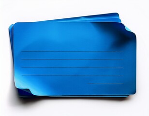 blue index card or recipe card isolated on white with folds and bent warped corners