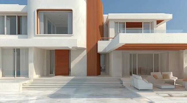 Vista da fachada de casa luxuosa moderna com arquitetura contempor&acirc;nea, design sofisticado e conceito de im&oacute;vel premium de alto padr&atilde;o