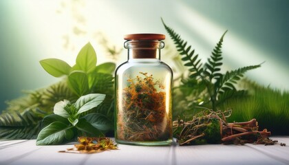 glass bottle of natural herbal medicine with dried herbs inside surrounded by fresh green leaves and organic plants