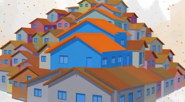 Ilustra&ccedil;&atilde;o de casas formando uma vila residencial, conjunto habitacional acolhedor com arquitetura moderna, conceito de comunidade, moradia e mercado imobili&aacute;rio